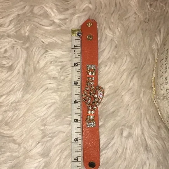 NWOT YIK FUNG ORANGE LEATHER RHINESTONE BRACELET - Picture 4 of 6